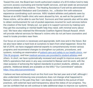 Illustration for article titled MSU's Response To Being "Perceived As Tone-Deaf" About Nassar Sex Abuse: Giving Vote Of Support To School President Who Knew About It